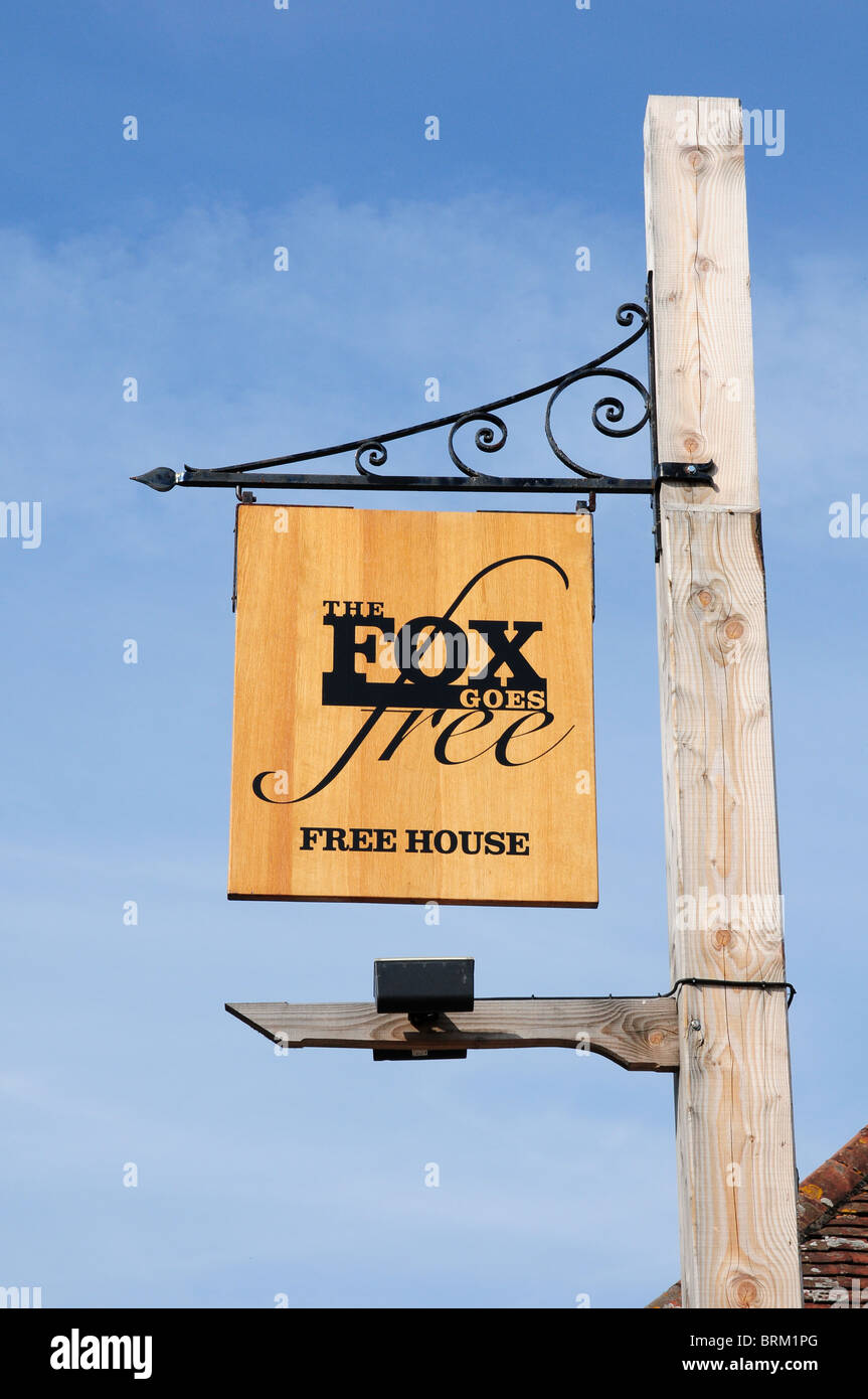 Sign for the Inn and Public House 'The Fox Goes Free' Charlton, near Goodwood, West Sussex. Stock Photo