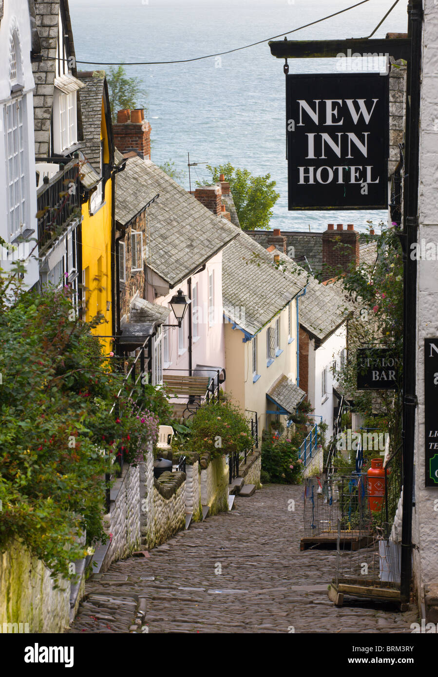 Narrow cobbled street in the fishing village of Clovelly, North Devon, England. Autumn (September) 2009. Stock Photo