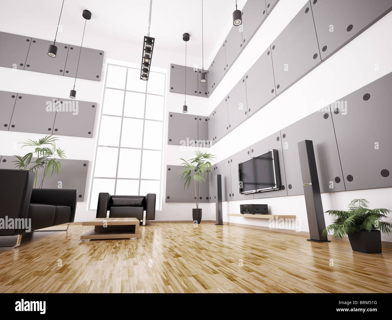 Modern living room with black sofa, armchair and lcd interior 3d render ...