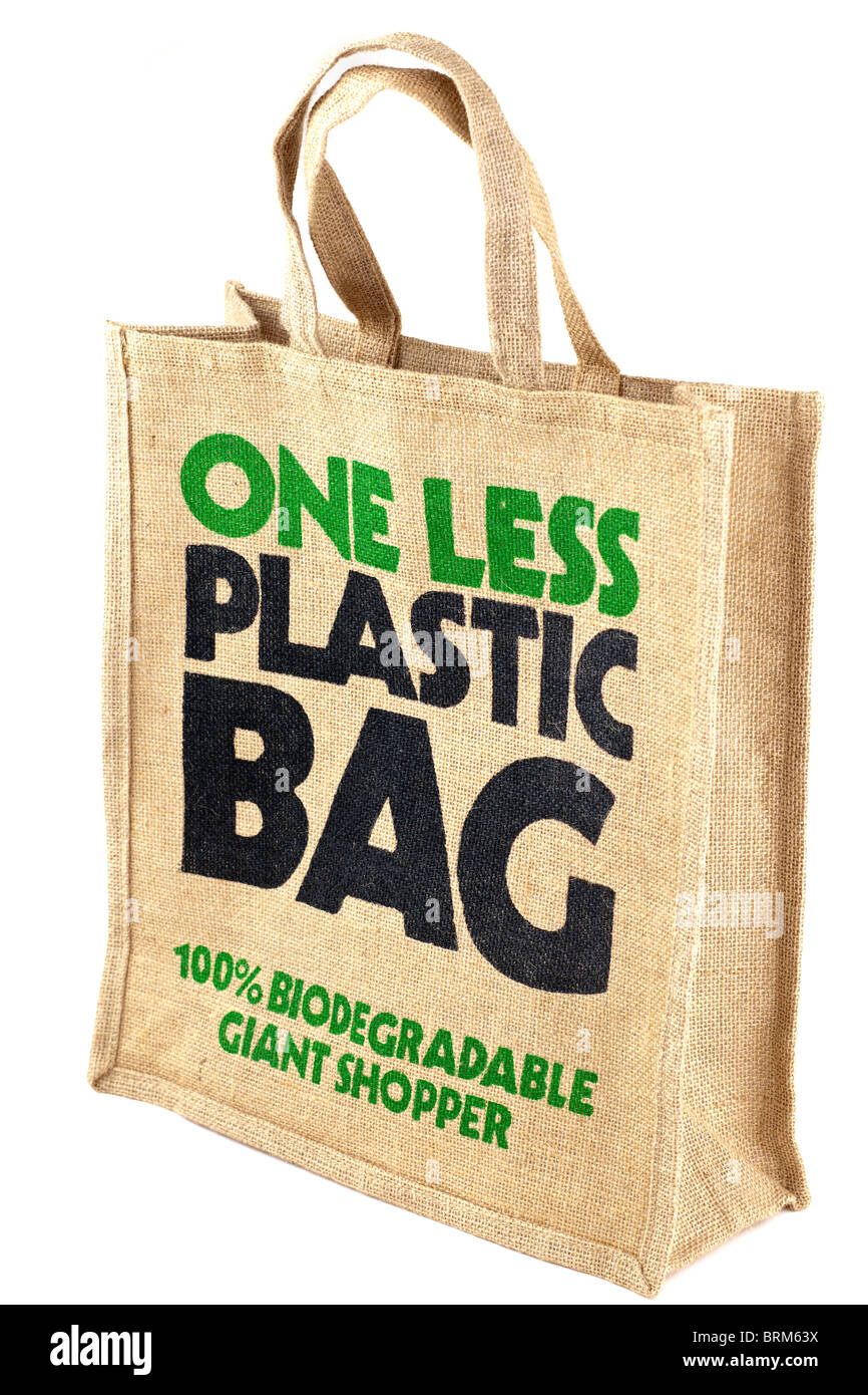 Hessian biodegradable giant replacement shopping bag One less plastic bag Stock Photo