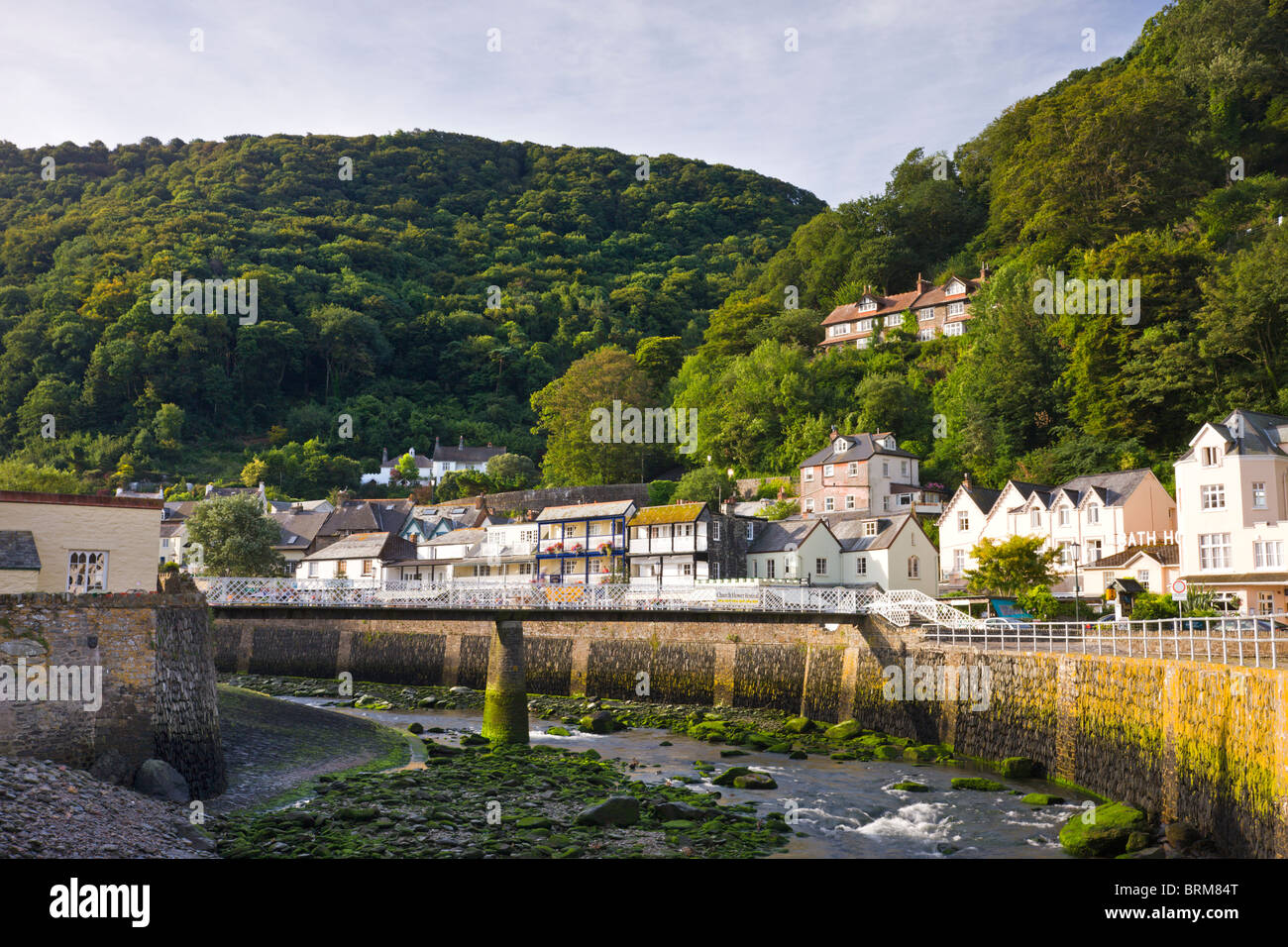 The coastal village of Lynmouth on a summer morning, Exmoor National Park, Devon, England. Summer (August) 2009. Stock Photo