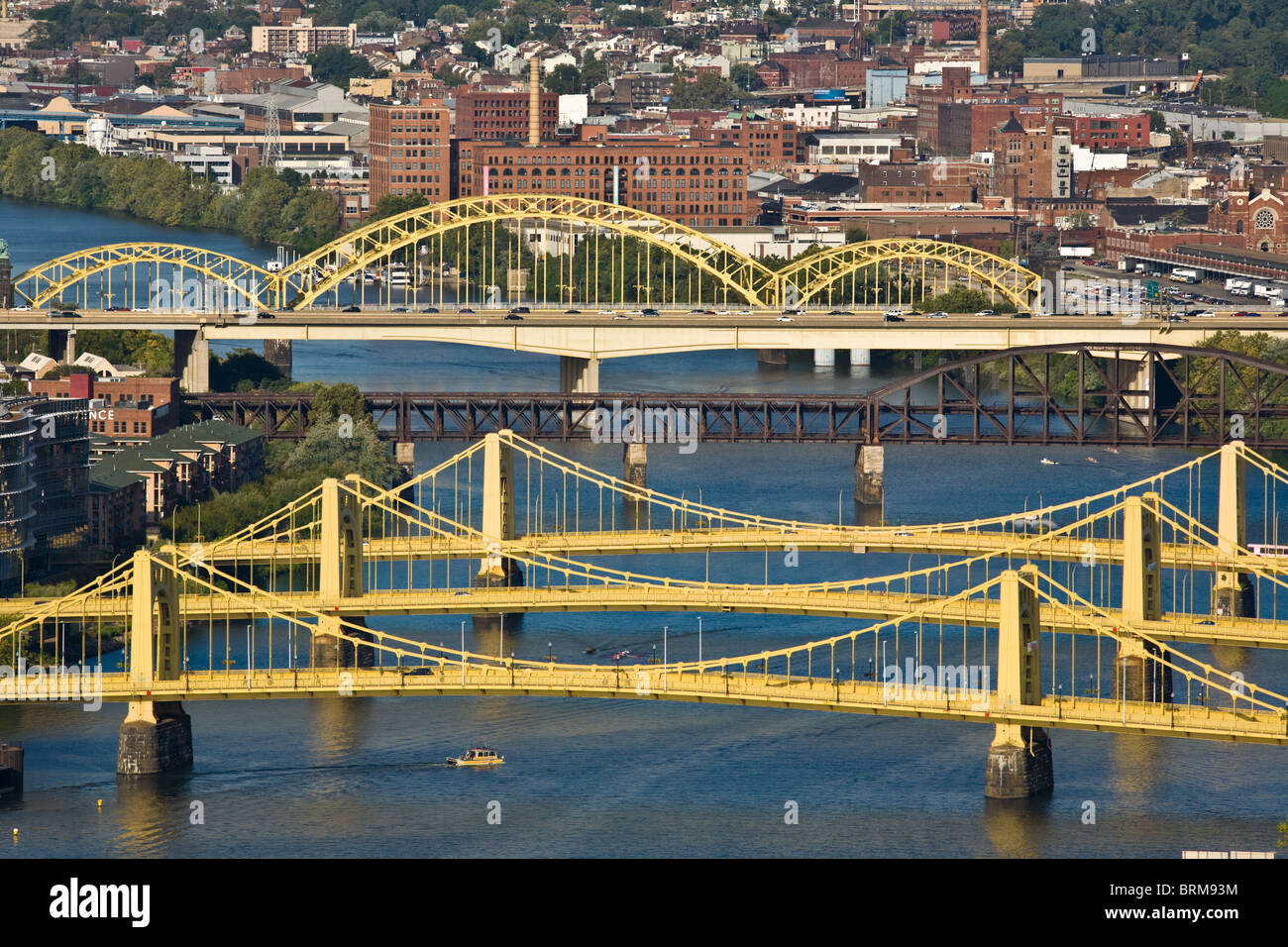 The Three Sisters Bridges in Pittsburgh, Pennsylvania crossing Allegheny R. are Roberto Clemente, Andy Warhol and Rachel Carson. Stock Photo