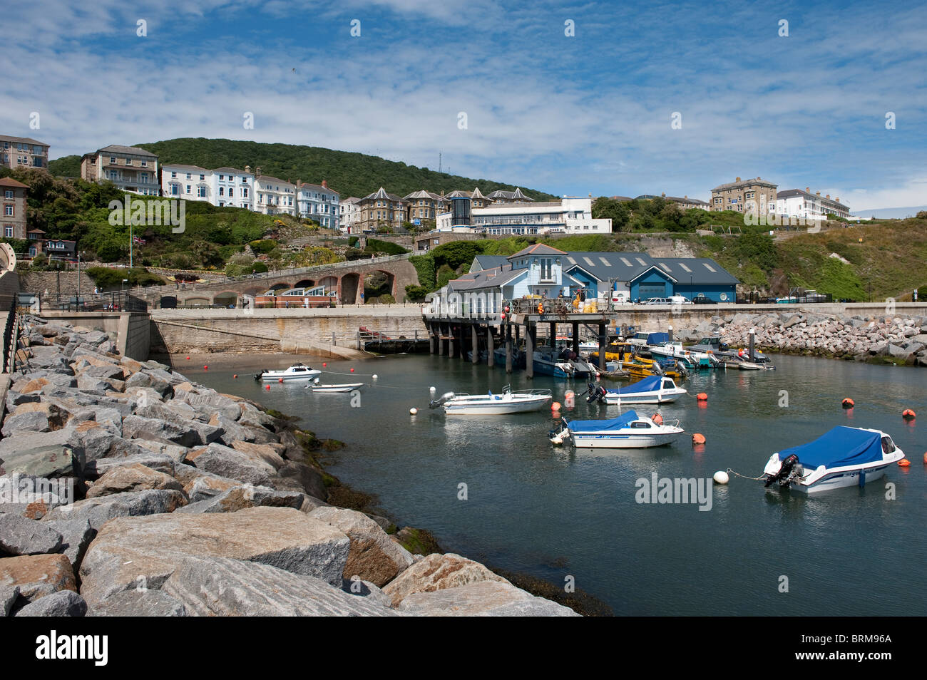 Beautiful view of boats moored in the small harbour at Ventnor on the
