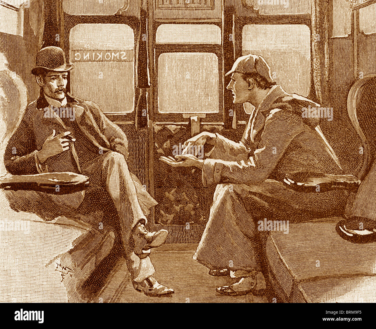 Sepia toned image of Sherlock Holmes and Dr Watson traveling by train to Devon in the Adventure of Silver Blaze. Stock Photo