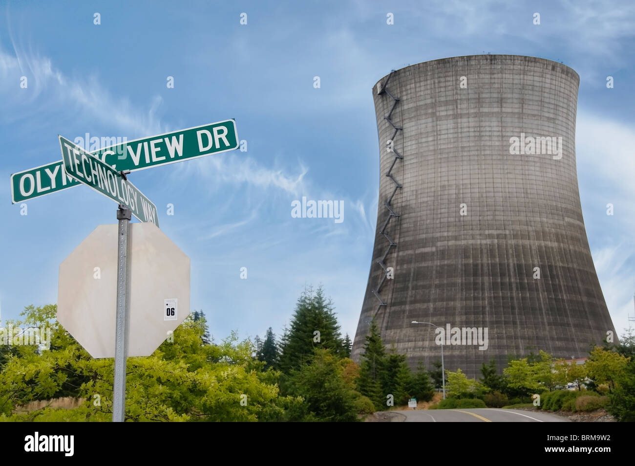 Street sign and abandoned cooling tower at the Satsop Development Park