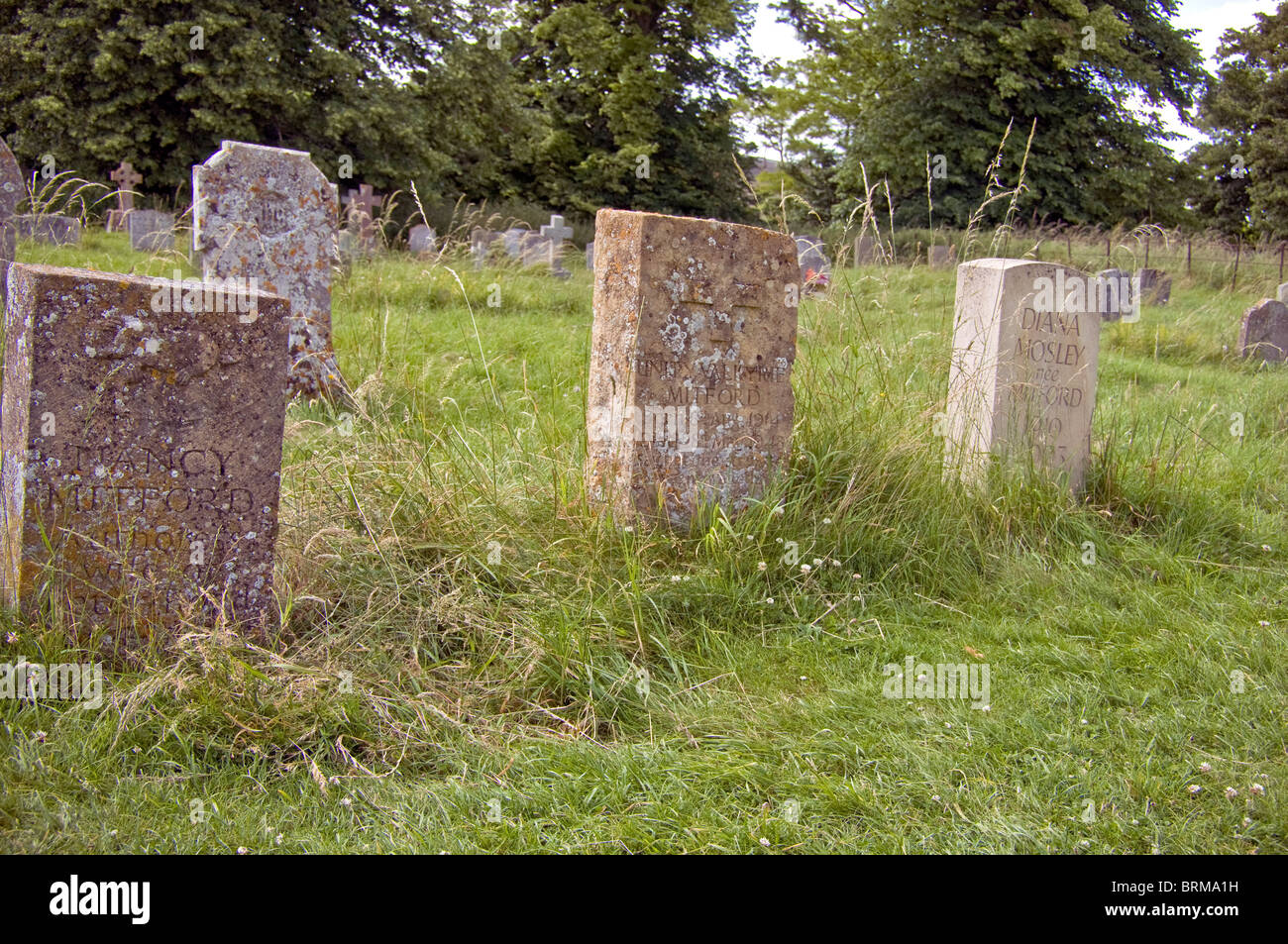 Graves of the Mitford Sisters on the Cemetary of Swinbrook, Oxfordshire. Sisters of the Dowager Duchess of Devonshire, Deborah; Stock Photo