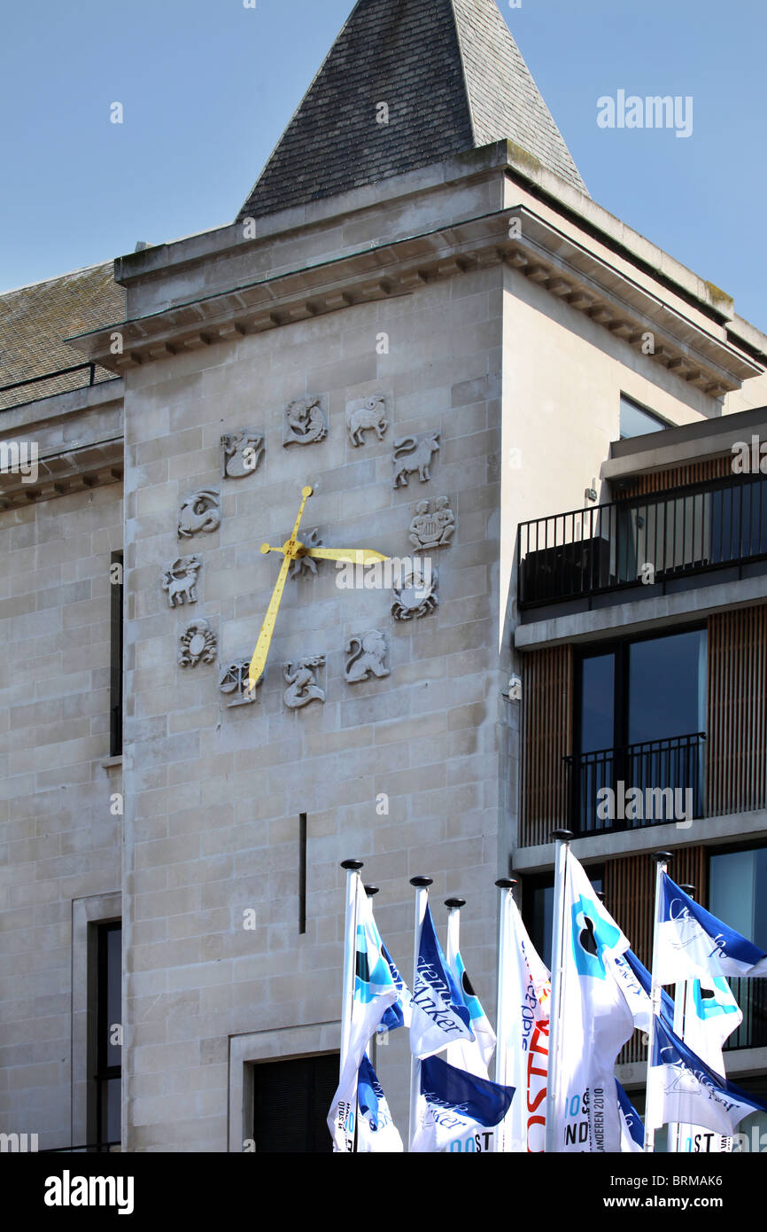 Clock face with signs of the zodiac in square Wapenplein, Ostend City center, Belgium Stock Photo