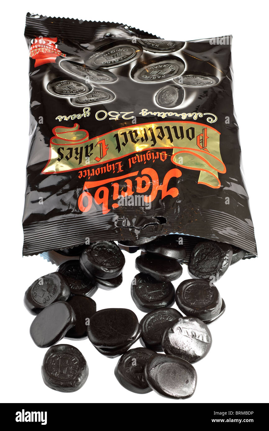 Bag of Haribo original liquorice Pontefract cakes Stock Photo