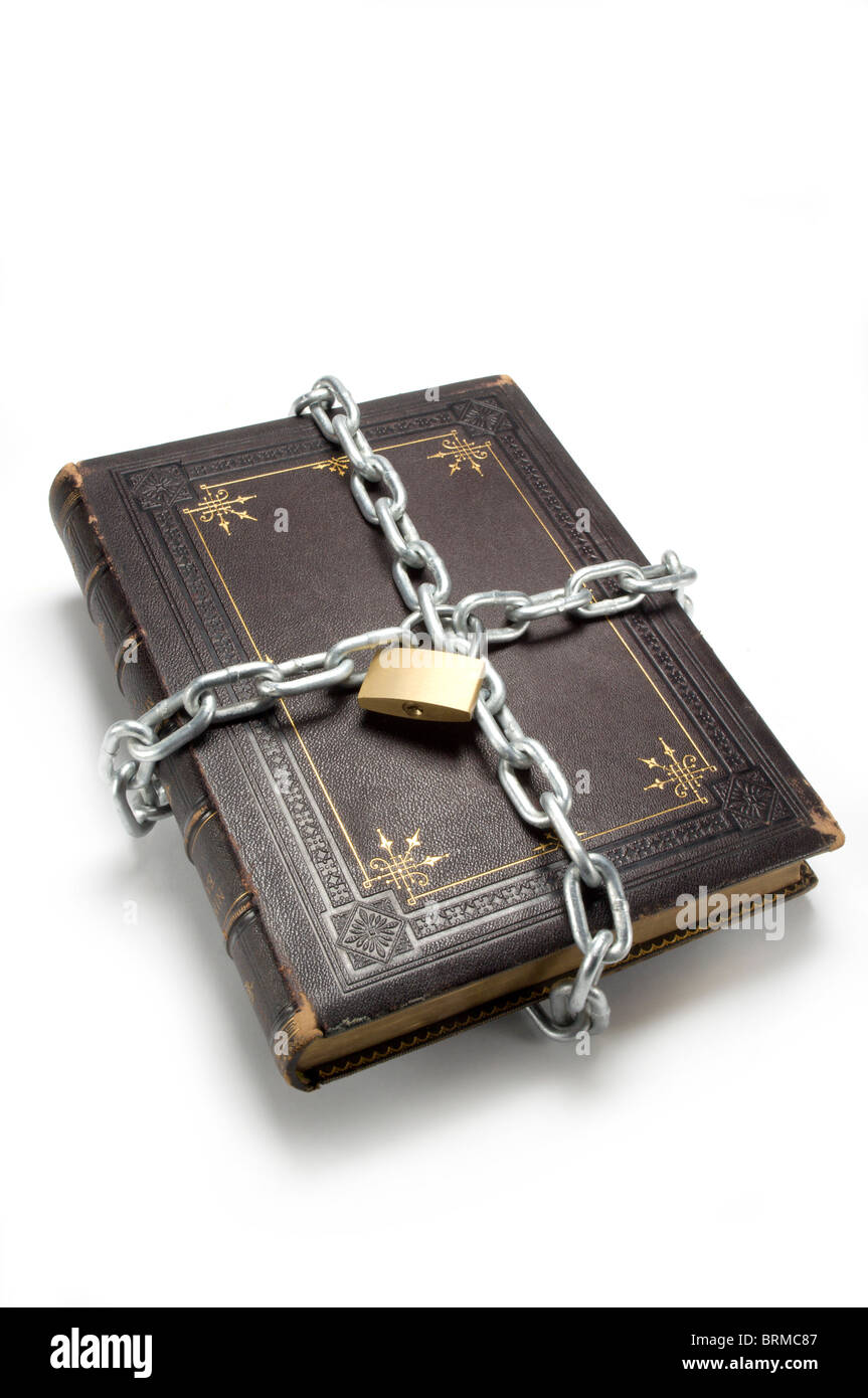 Leather bound chained book Stock Photo