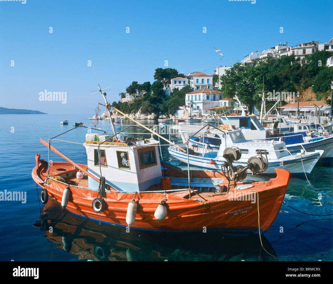 Harbour in the early morning, Skiathos Town, Skiathos, Sporades Islands, Greece Stock Photo