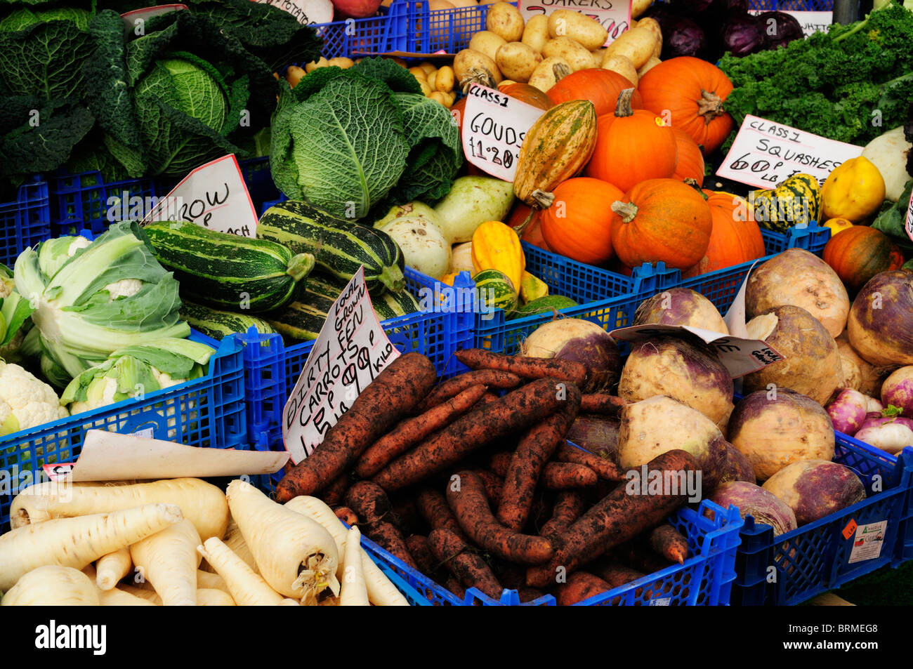 Vegetables for sale on the market, Cambridge, England, UK Stock Photo