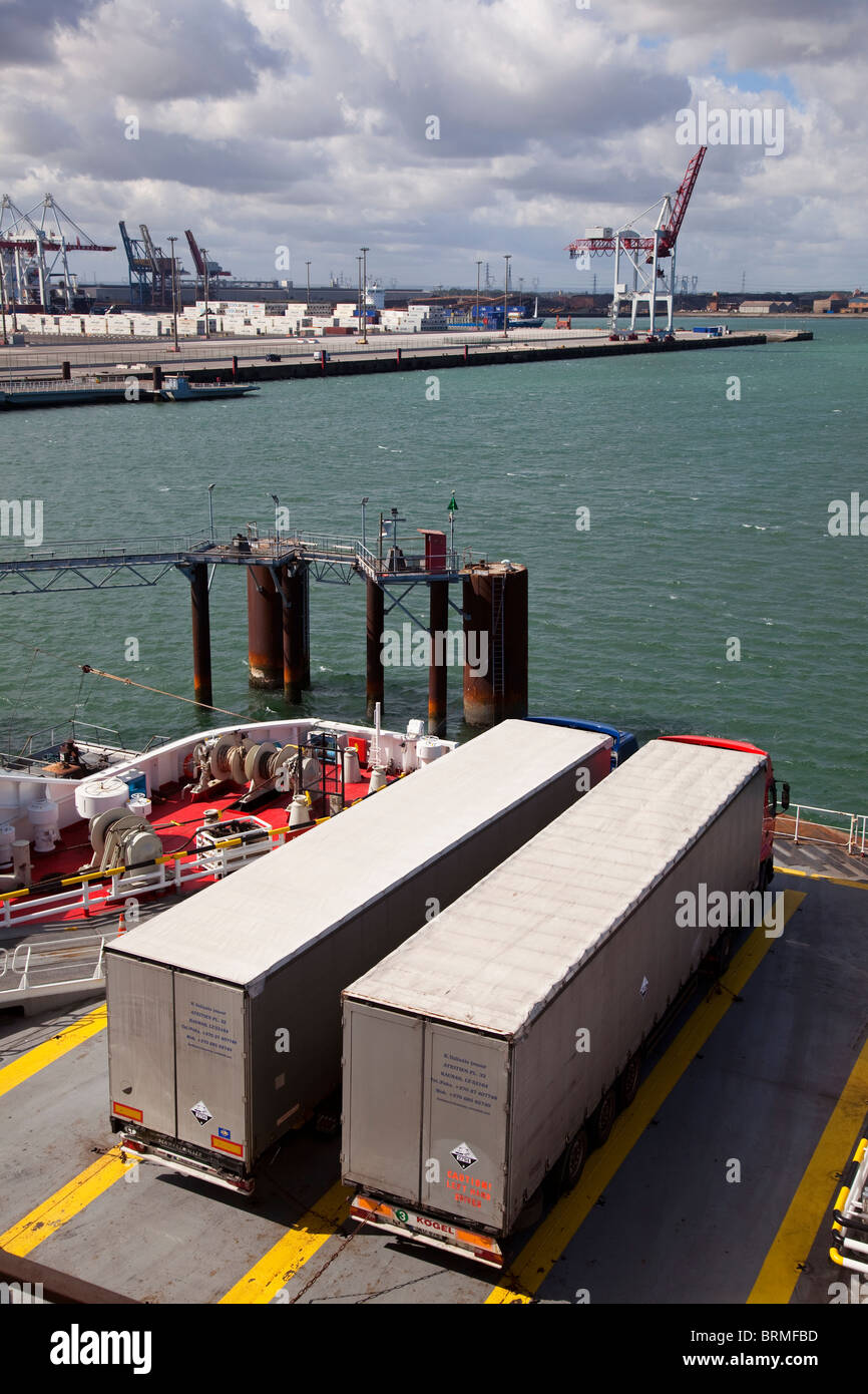 Transport lorries on ferry leaving Dunkerque France Stock Photo
