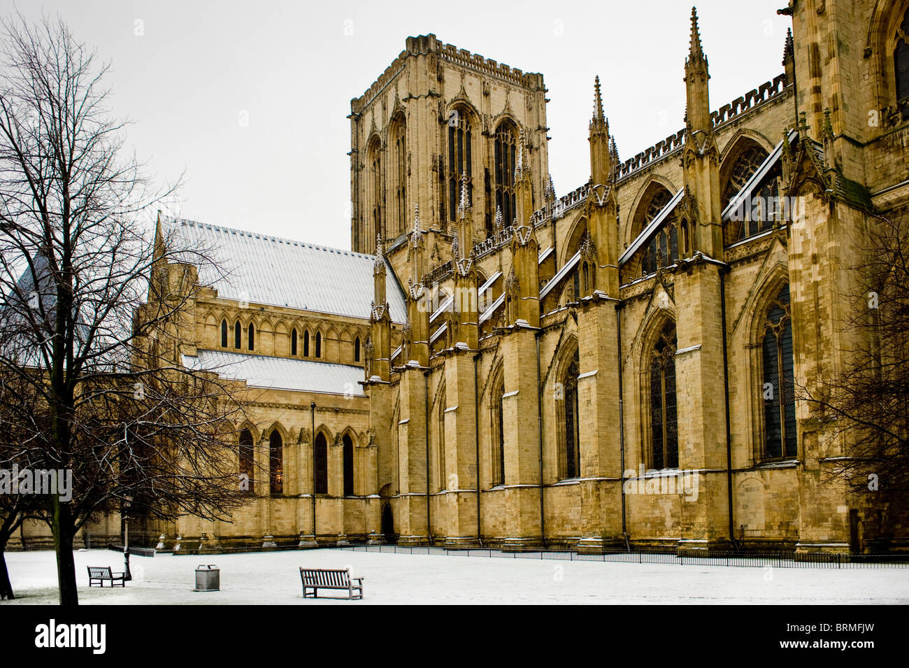 North façade of York Minster seen from Dean's park, in snow. North Yorkshire, UK. Stock Photo