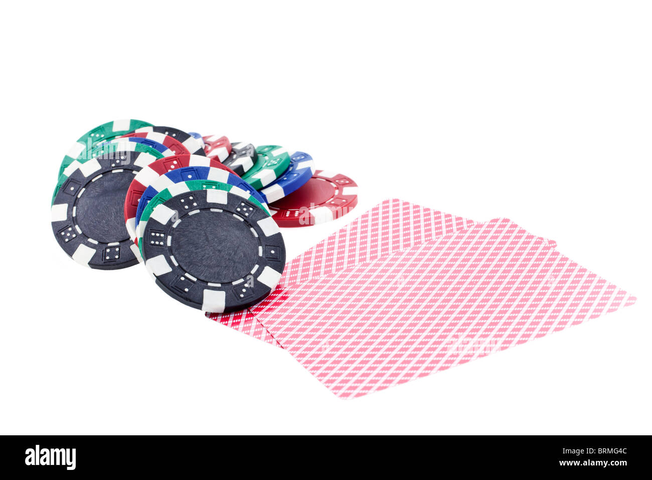multicolor poker chips and cards isolated on white background Stock Photo