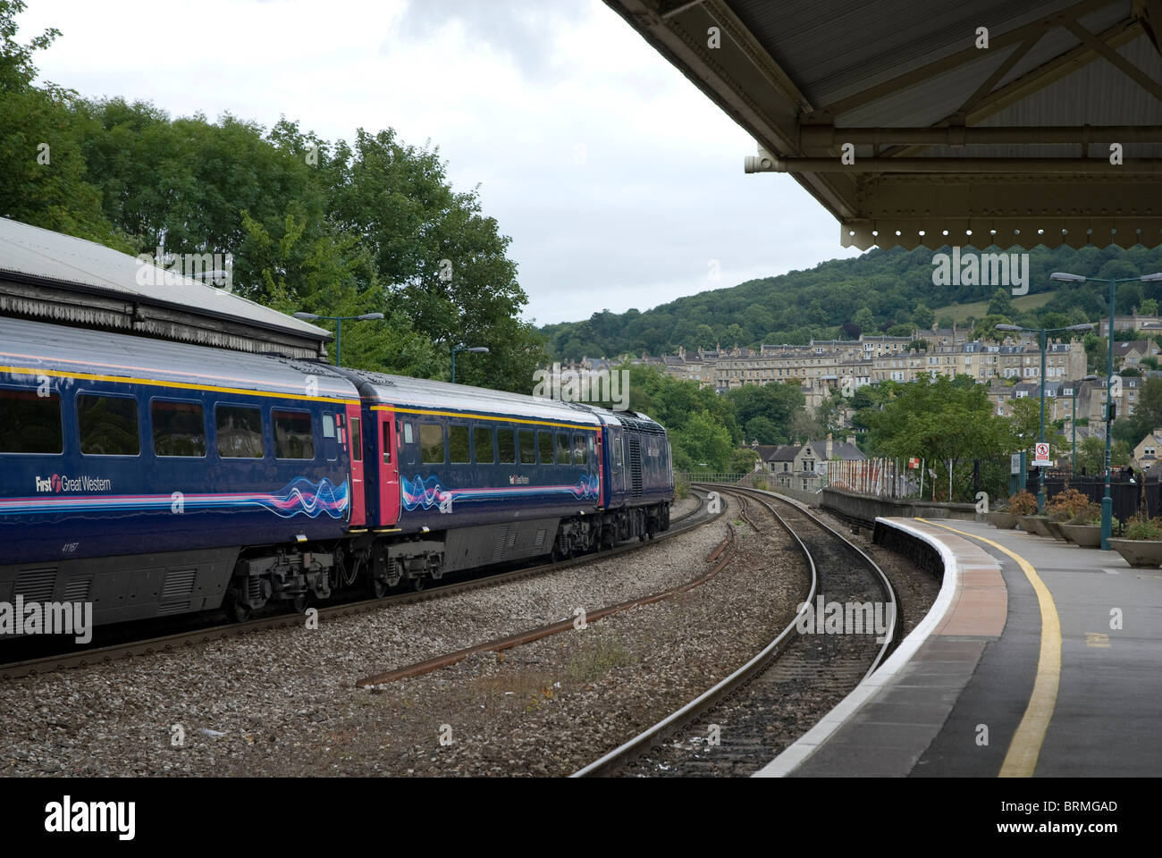 Train departing from Platform 2 of Bath Spa Railway Station, Bath