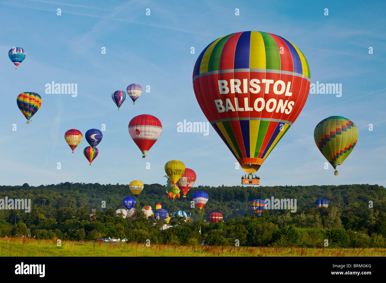 Bristol Balloon Fiesta showing balloons in flight above Ashton Court