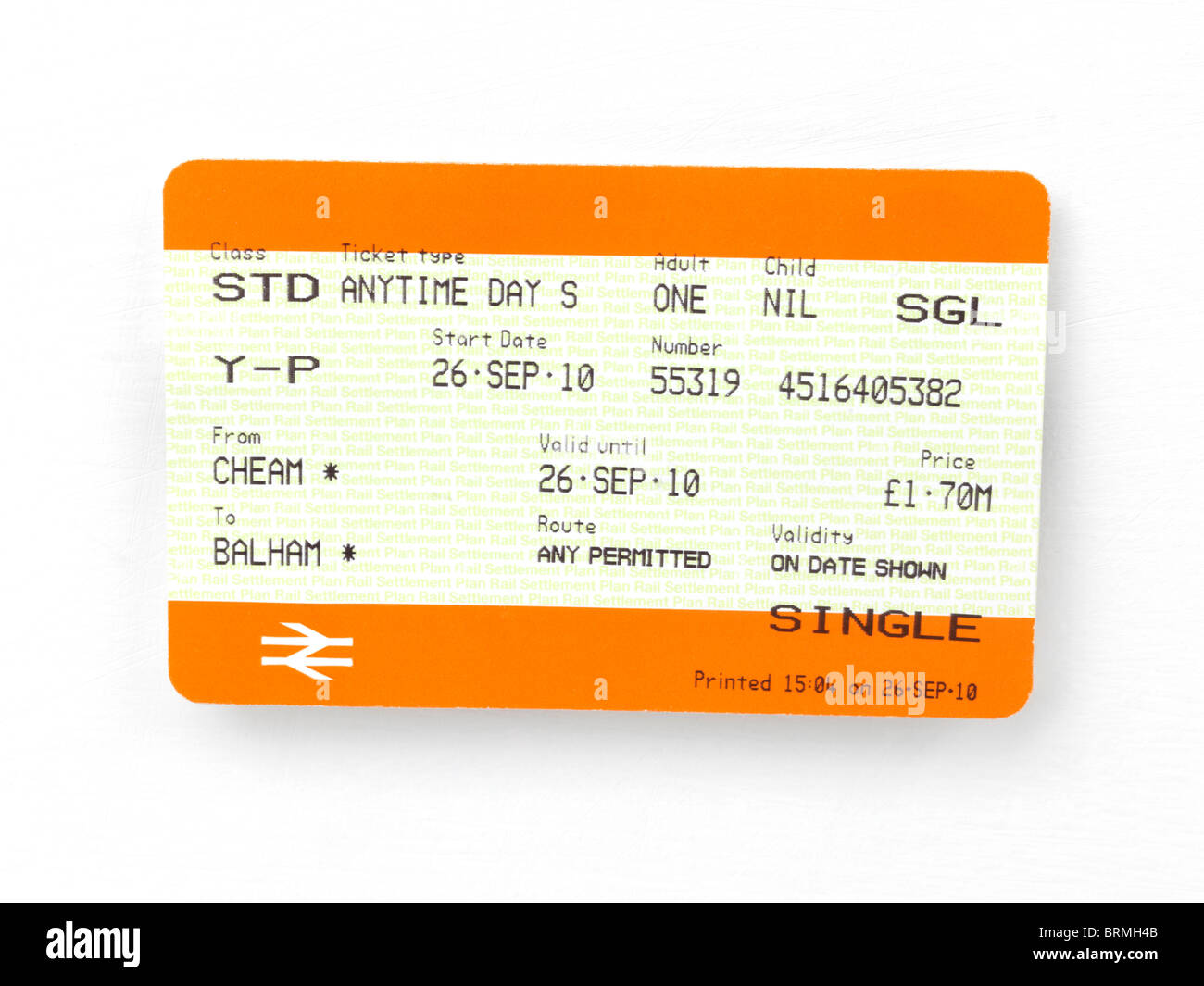 Single Train Ticket for National Rail with No Year Stock Photo