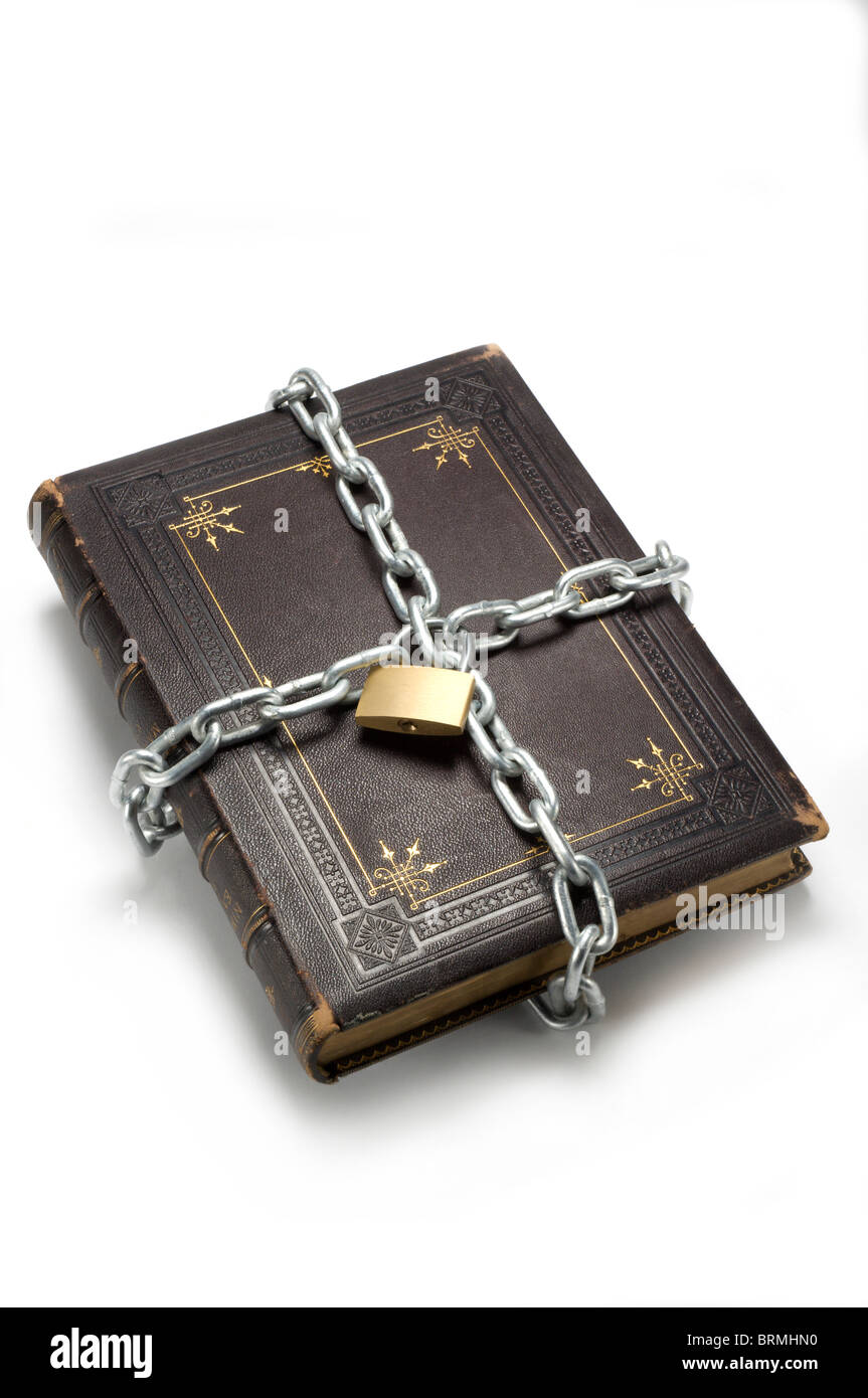 Leather bound chained book Stock Photo