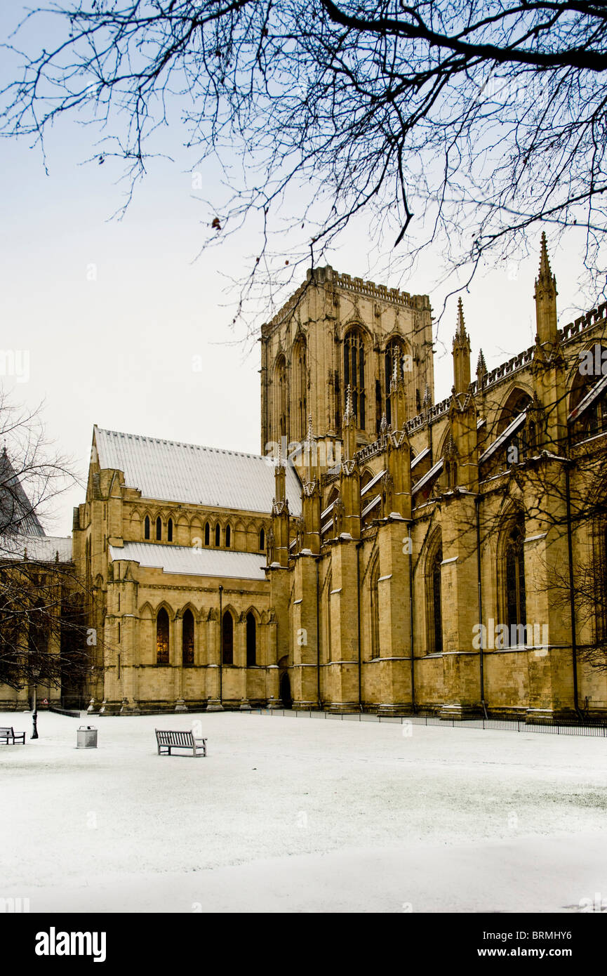 North façade of York Minster seen from Dean's park, in snow. North Yorkshire, UK. Stock Photo