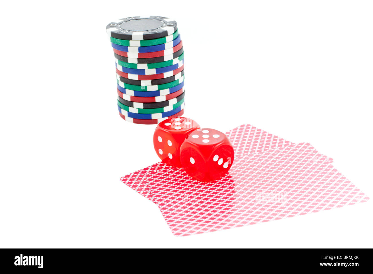 poker chips, cards and red dice cubes isolated on white background Stock Photo