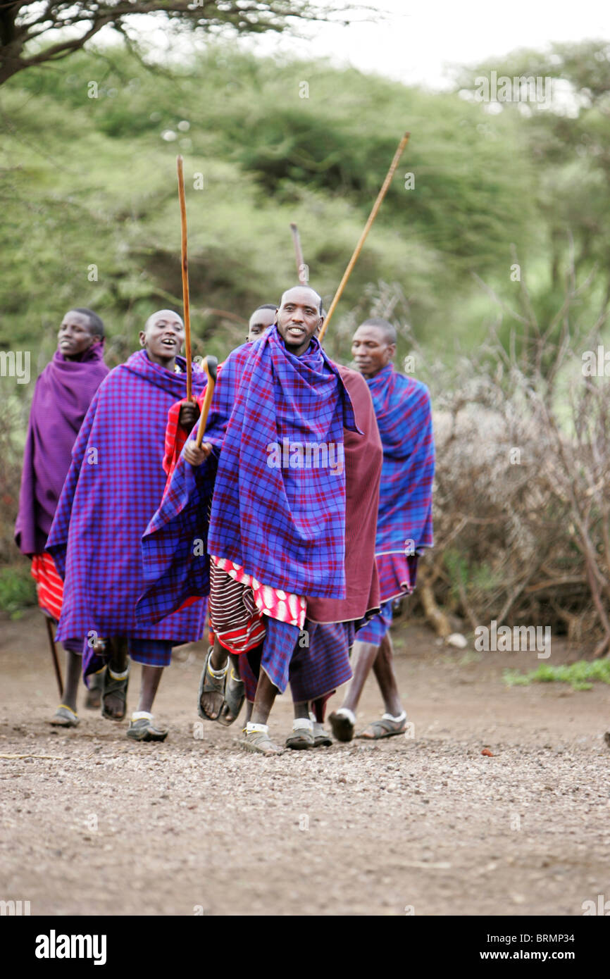 Maasai men wearing the traditional shuka and carrying spears Stock Photo