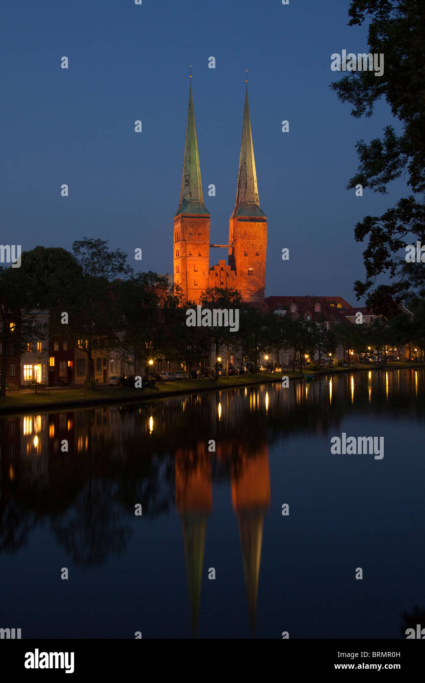 Cathedral of Lubeck at night, Schleswig-Holstein, Germany Stock Photo