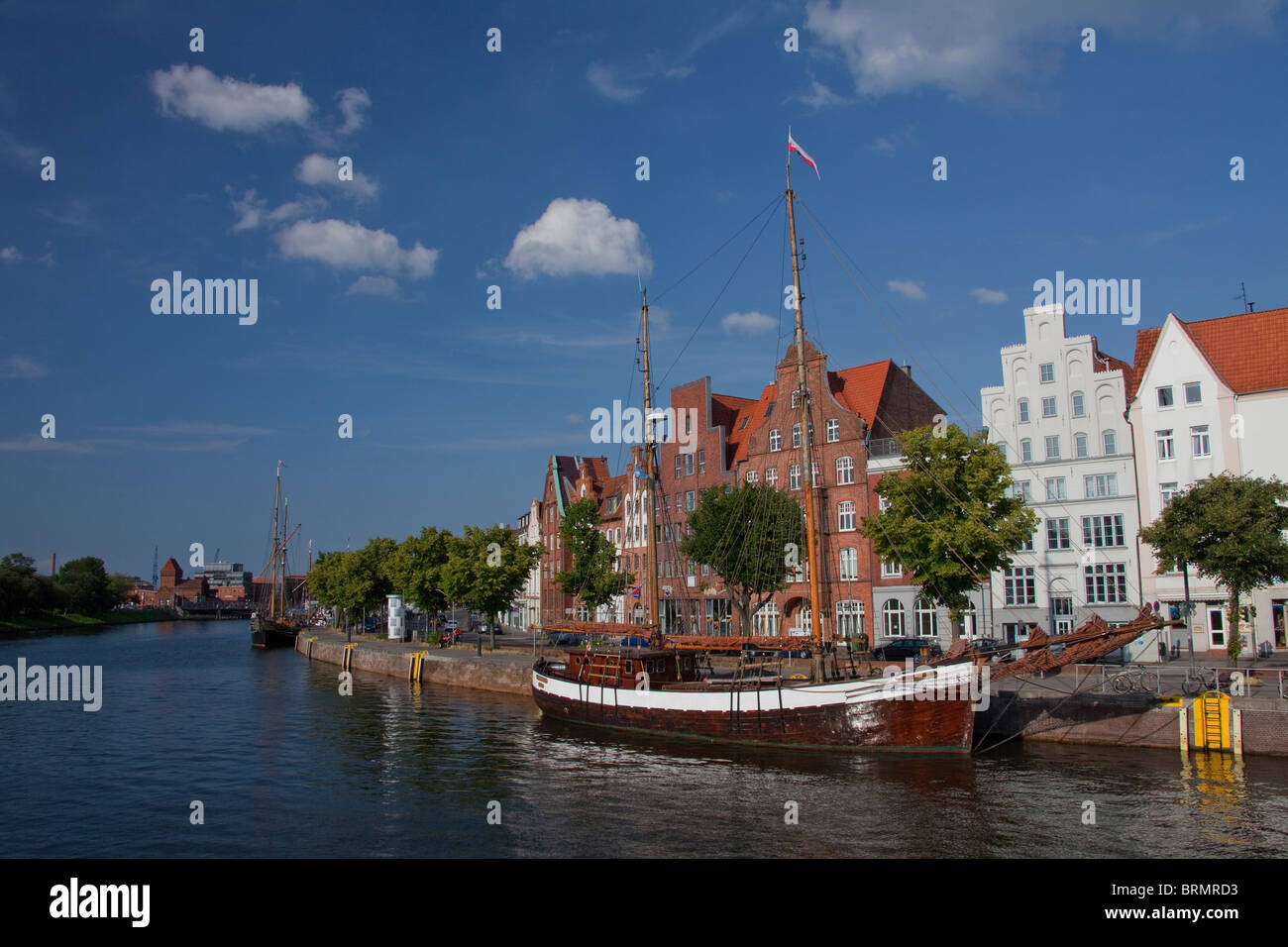 Museums harbor on the river Trave in Luebeck. Stock Photo