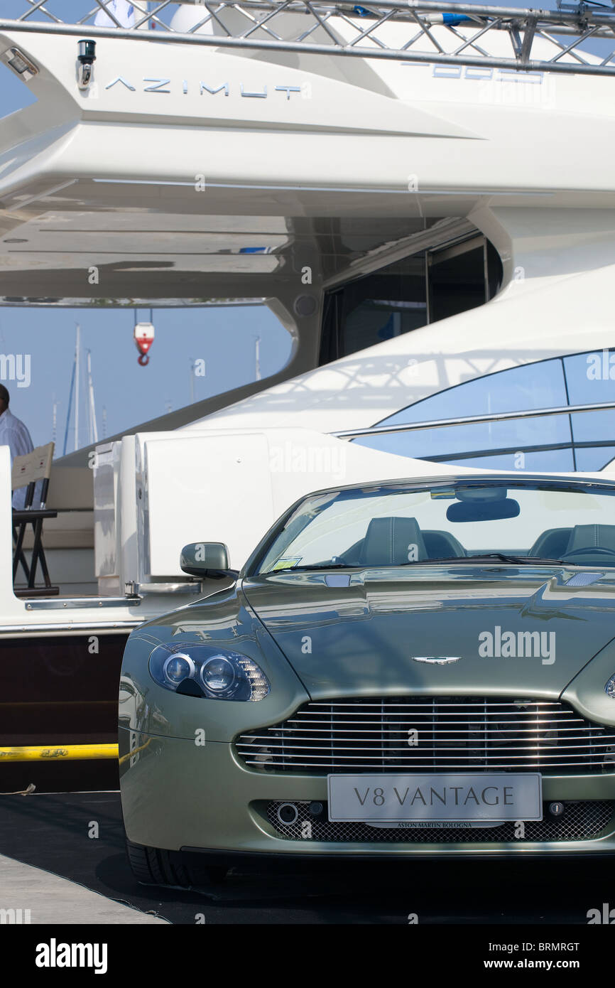 aston martin, luxury car and yacht exibition. Stock Photo