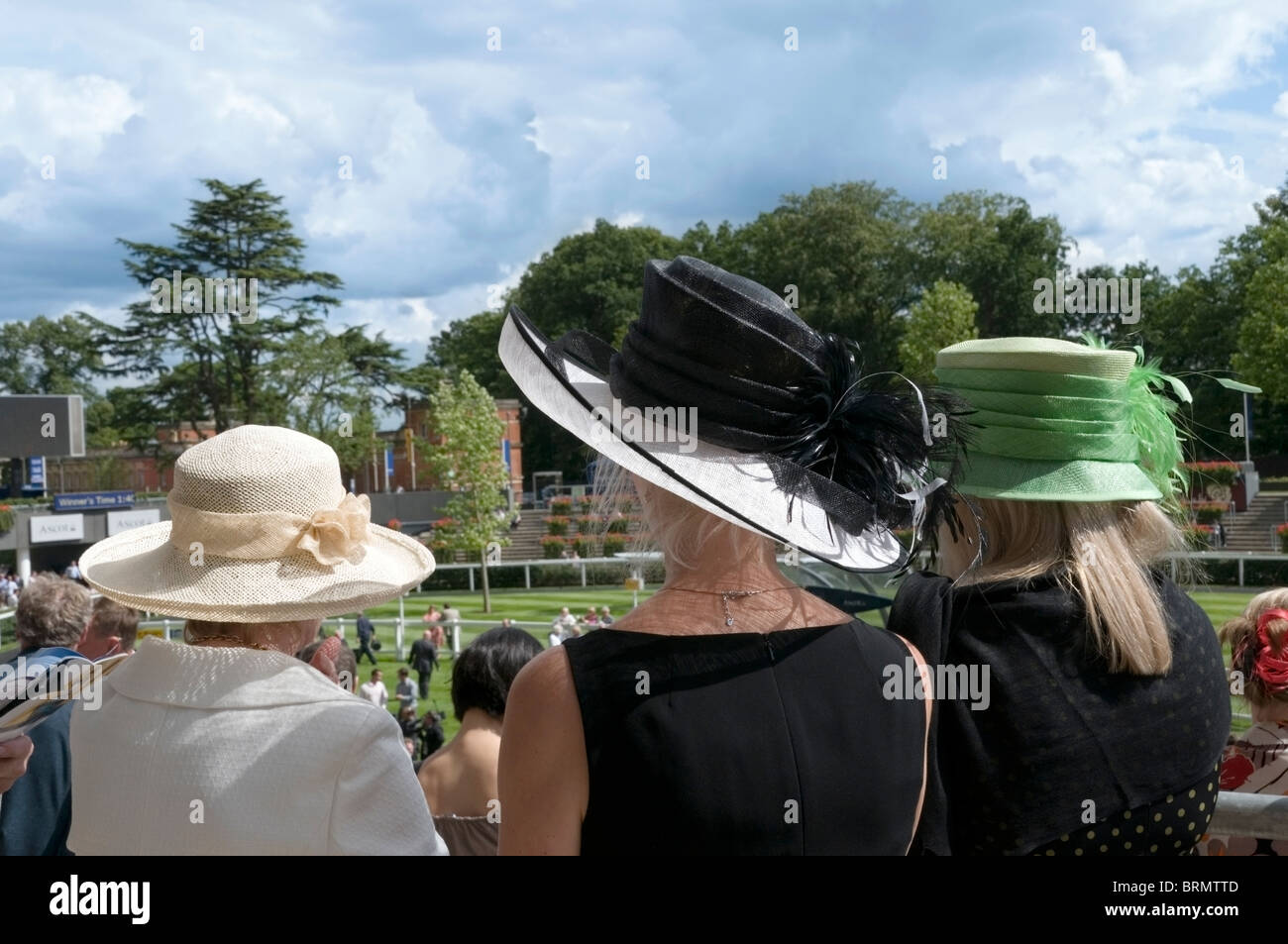 Back view of tree ladies in  beige, black and green hats at Royal Ascot, England, UK, Europe, EU Stock Photo