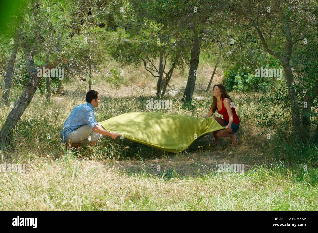Smiling couple laying out picnic blanket Stock Photo - Alamy