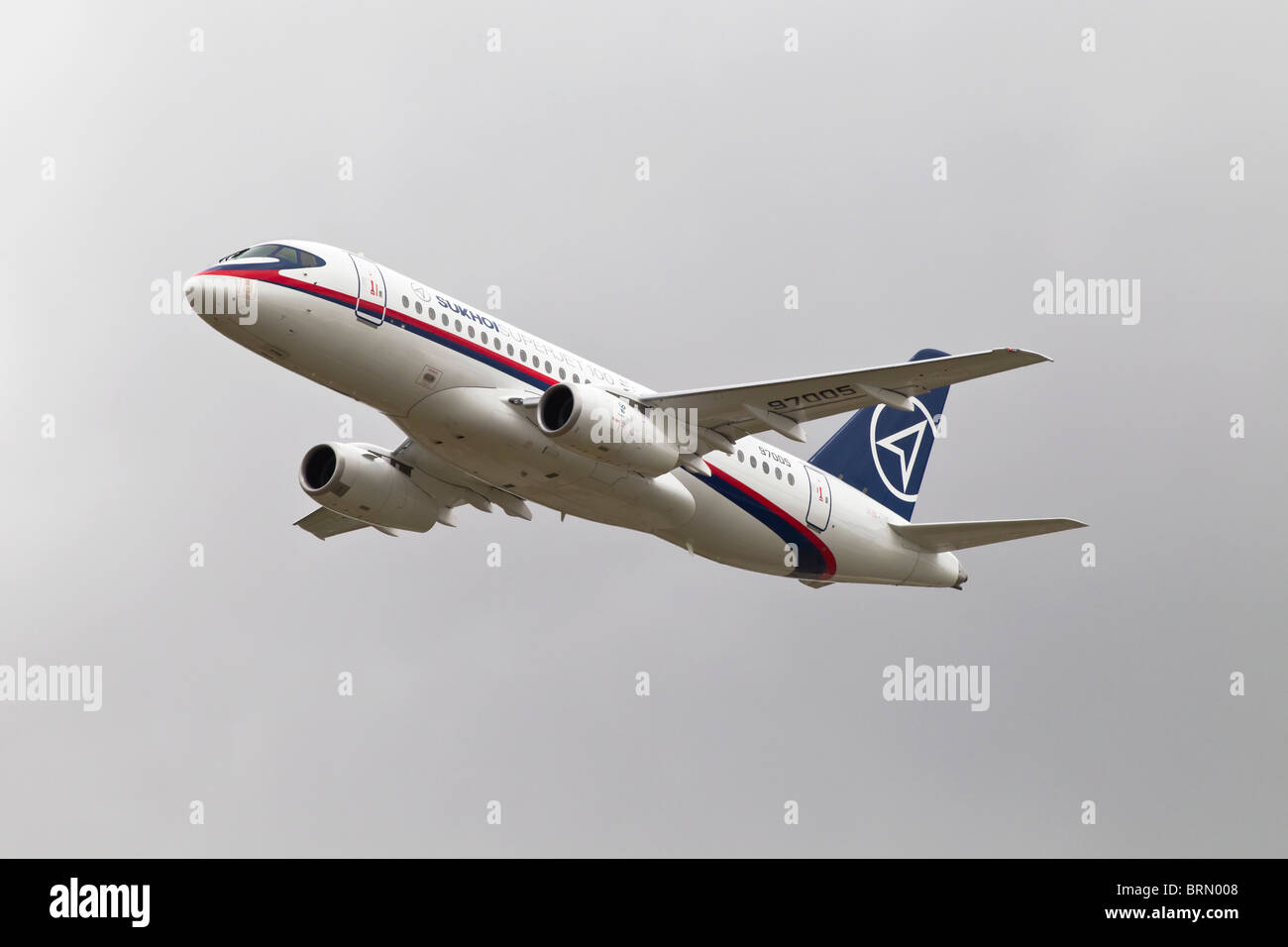 The brand new Russian Sukhoi Superjet regional airliner Stock Photo