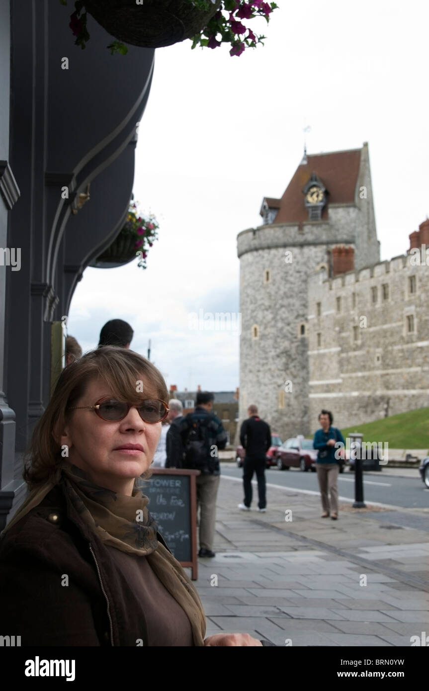 Portrait of mature women front, face close-up, sitting outside Windsor Castle, Windsor, England, UK, Europe, EU Stock Photo