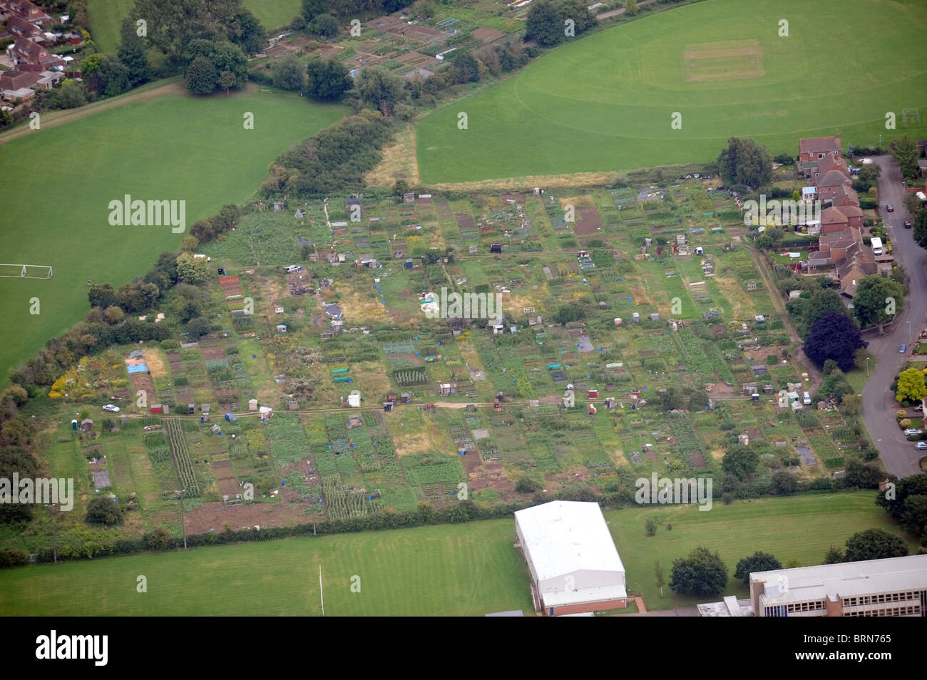 Aerial view of an allotment in the Longlevens area of Gloucester UK Stock Photo