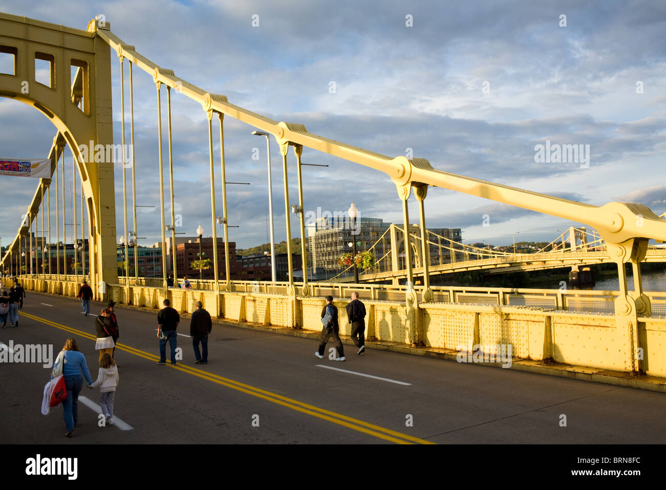 Roberto Clemente Bridge, one of Three Sisters Bridges, pedestrians only during baseball games, Pittsburgh, Pennsylvania Stock Photo