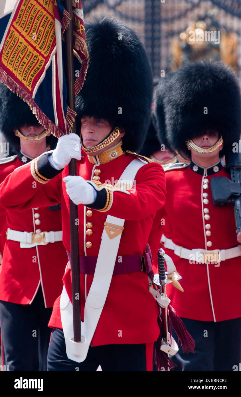 Coldstream guards at the gates of Buckingham palace, London Stock Photo