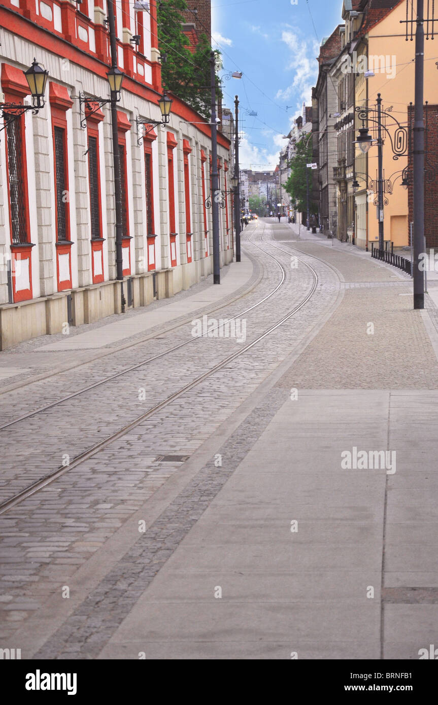 Tram route in the city, sorrouned by modern buildings Stock Photo