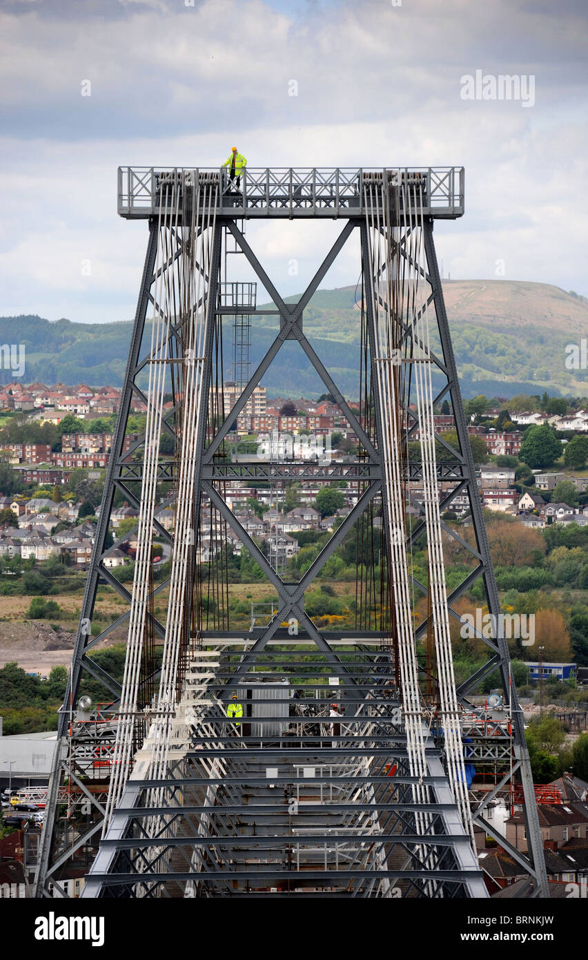 Refurbishment of the Newport Transporter Bridge in S Wales. The crossing which spans the River Usk was built 1902-1906 and is be Stock Photo