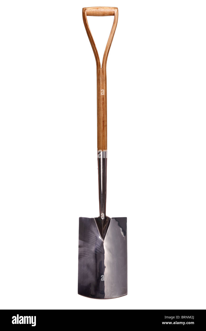 Photo of a wooden handle gardening spade isolated on a white background. Stock Photo