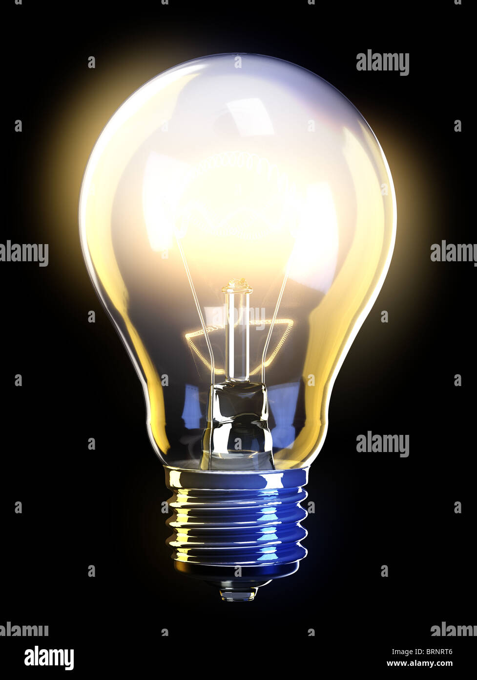 Glowing light bulb with detailed filament and inner glass body. Stock Photo