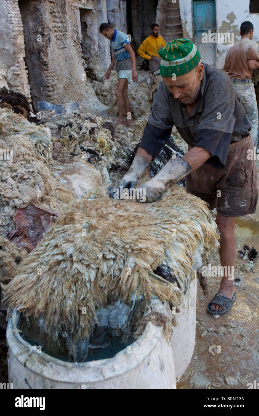 Moroccan worker,leather tannery,fez medina Stock Photo