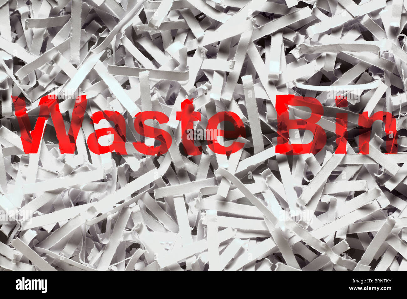close up detail image of sheredded paper with the words waste bin printed on it Stock Photo
