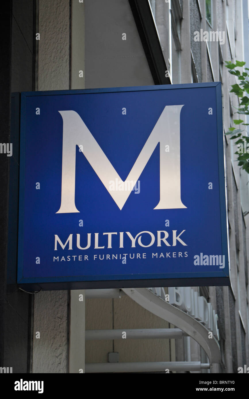 The Multiyork (master furniture makers) logo on a sign above the store