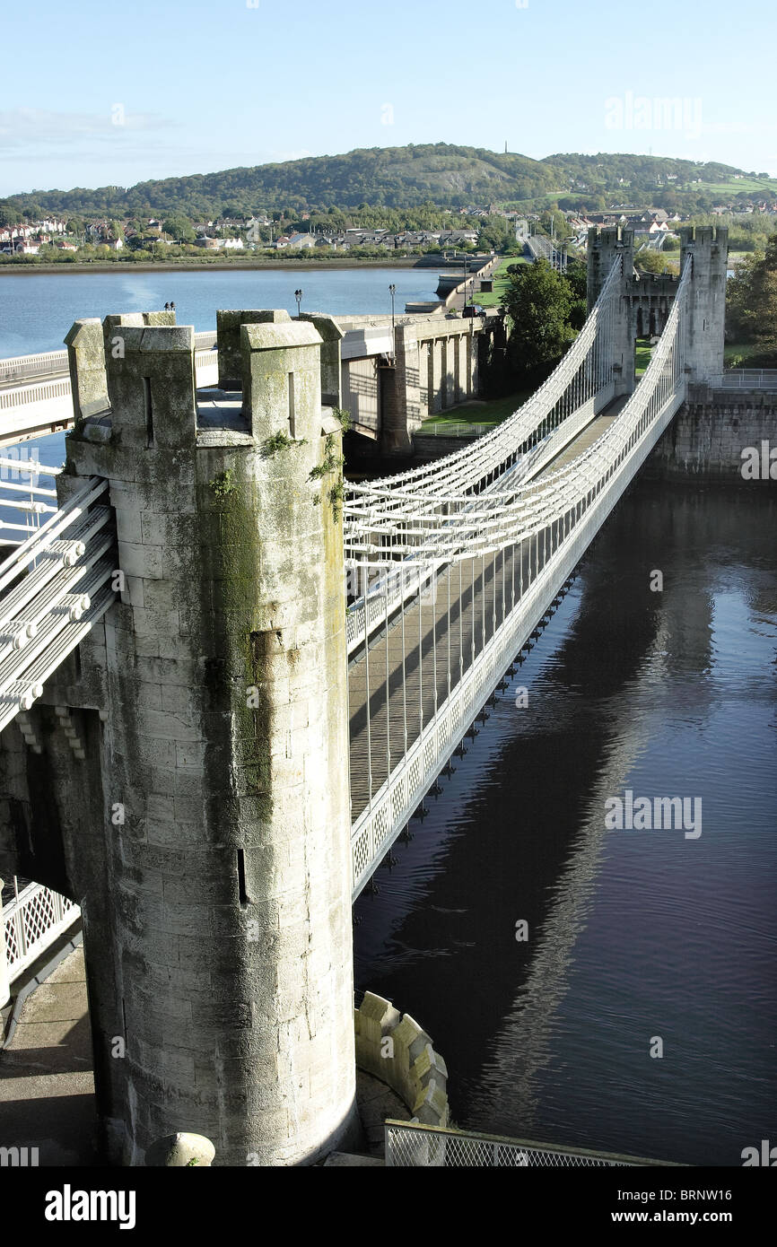 Suspension bridge built by Thomas Telford across the River Conway Stock