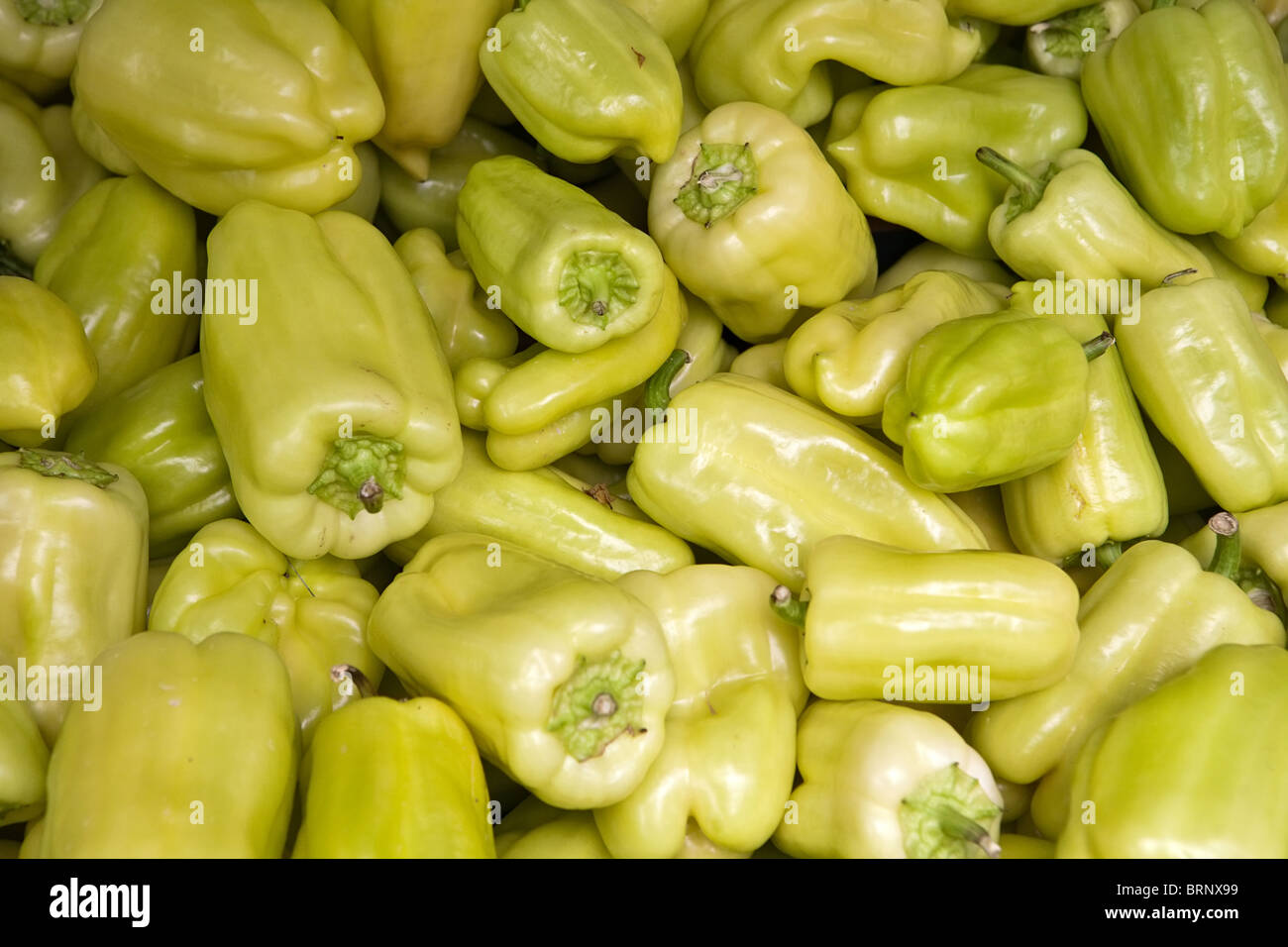 green peppers on the market closeup Stock Photo