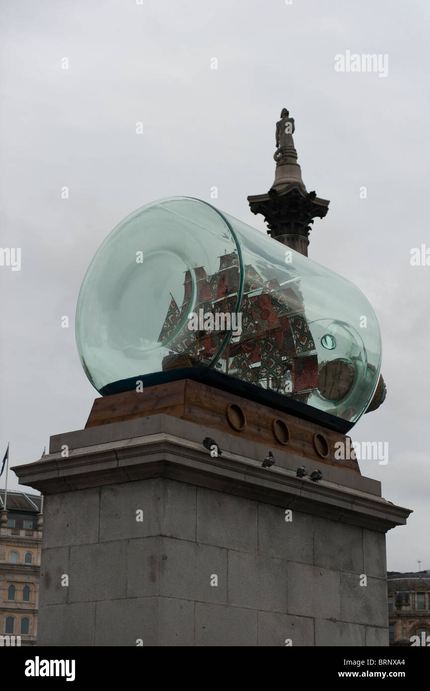 Nelson’s Ship in a Bottle on the 4th plinth in London's Trafalgar Square, with Nelson on his column in the background Stock Photo