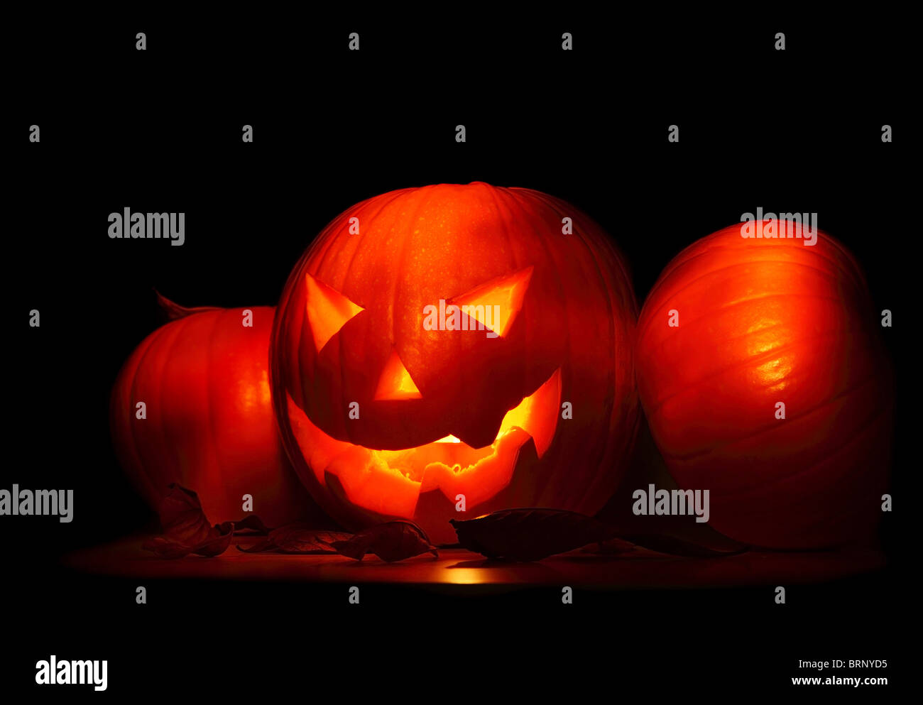 Halloween background with glowing jack-o-lantern in the darkness Stock ...