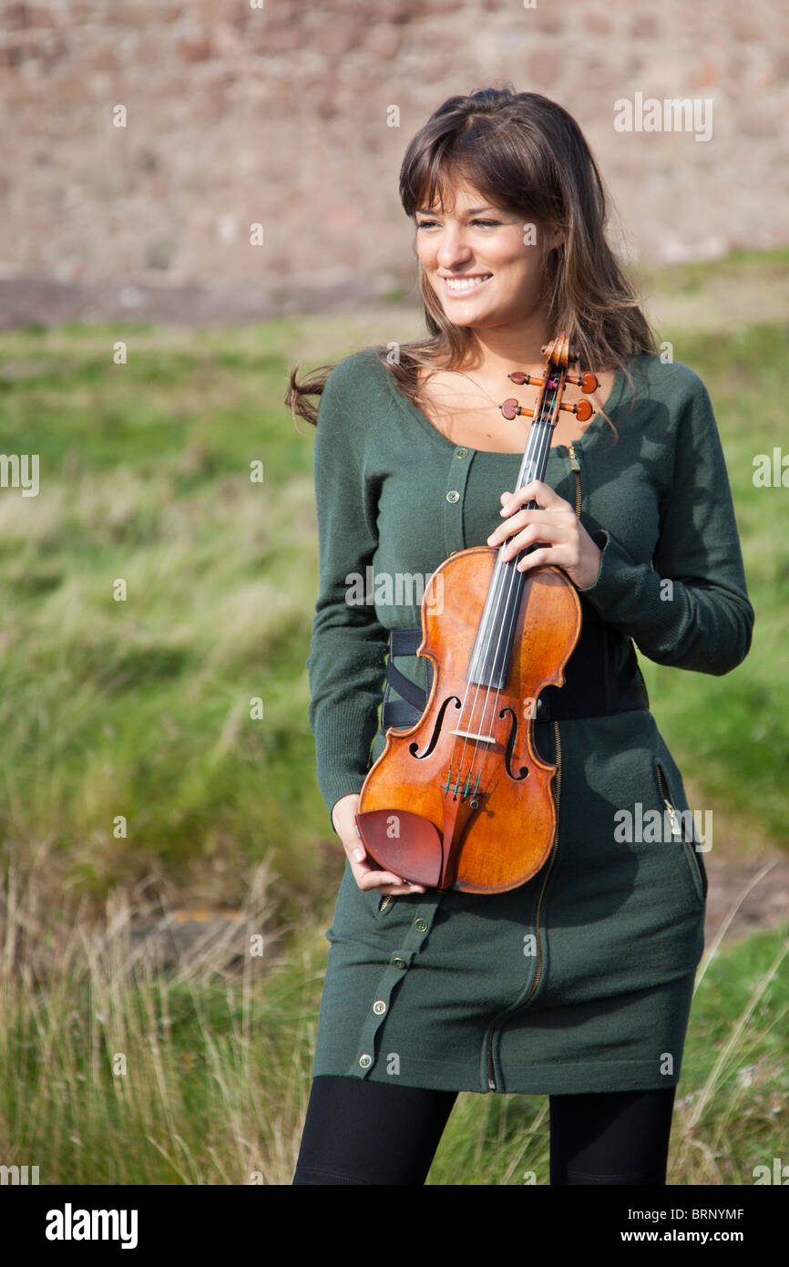 Nicola Benedetti stands with her 'Earl Spencer' Stradivarius Violin after the opening of Portencross Castle after restoration Stock Photo