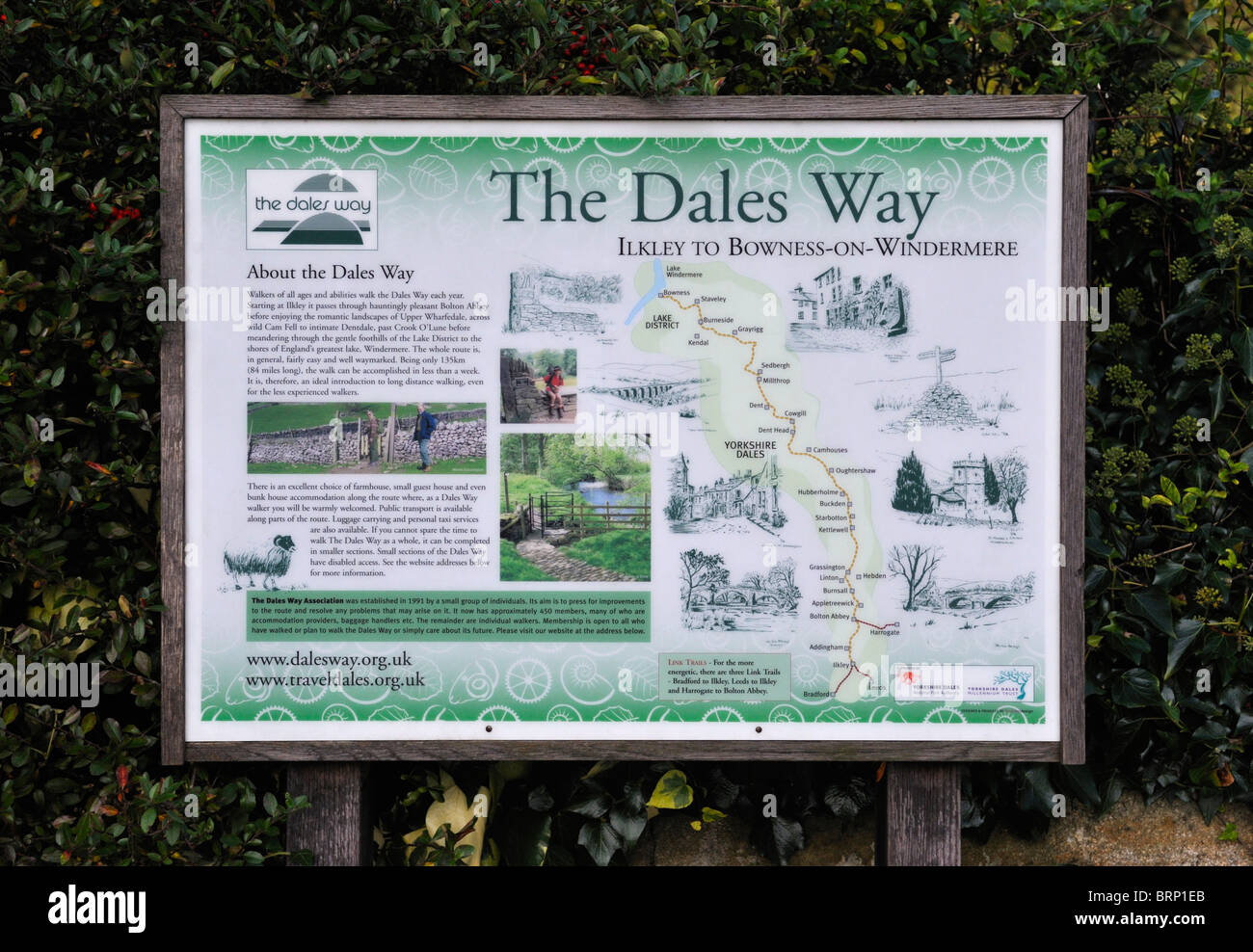 The Dales Way information board at the 16th.Century Old Bridge. Ilkley, West Yorkshire, England, United Kingdom, Europe. Stock Photo