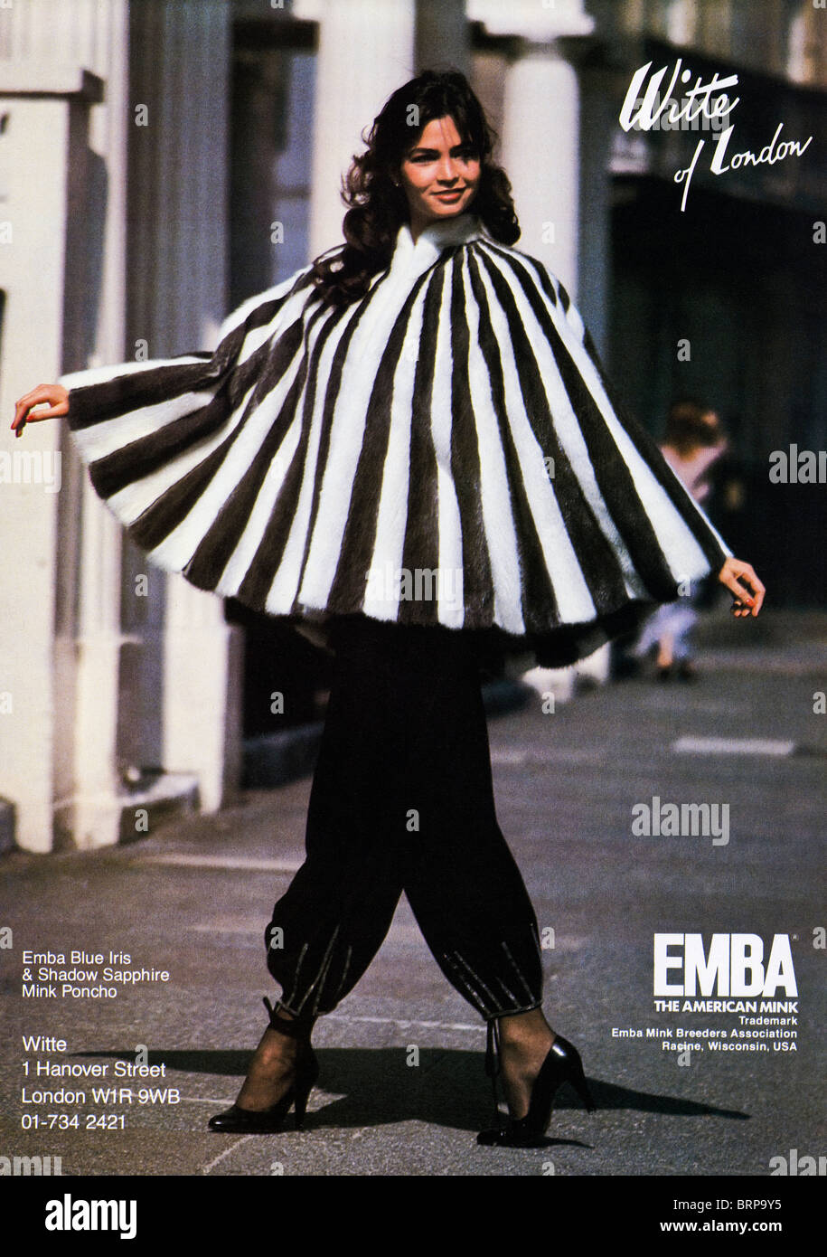 American mink fur poncho colour advert in English fashion magazine circa 1983 Stock Photo