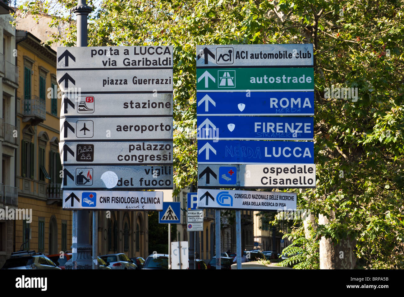 Street signposts in Pisa, Italy Stock Photo